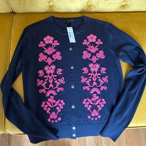 J Crew navy cardigan with pink embroidery and tiny bead accents